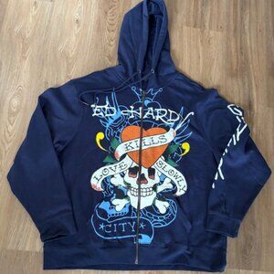 Ed Hardy Navy Blue Full Zip Fleece Skull Love Kills Slowly Hoodie XL NWT